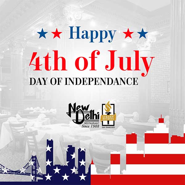 We'll be celebrating America, fireworks and summer on Sunday, July 4th, 2021, which means that New Delhi Restaurant will be closed. Hope you have a safe and fun Independence Day! 
We would love to see you before or after for some delicious Indian barbecue.
Did you know that we also do carry out! If you would like tandoori barbecue at all your summer picnics, please order online for pick-up or for delivery through our website or your favorite delivery app - we can be found all over the internet! We recommend the Hariyari Murg Tikka - chicken in a tangy cilantro-mint marinade - or the Seekh Kabab - delicious spiced lamb rolls grilled in a traditional tandoori oven. Both are great hot or cold! Make your summer barbecues international with New Delhi Restaurant!