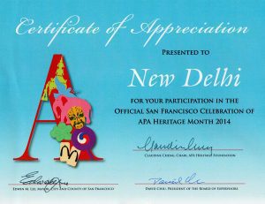 Asian Pacific American Heritage Foundation - Certificate of Appreciation - New Delhi Restaurant - Claudine Cheng - 2014