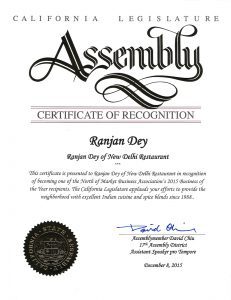 California Legislature Assembly - Certificate of Recognition - Ranjan Dey - David Chiu - Tuesday December 8th 2015
