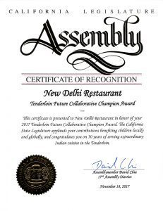 California Legislature Assembly - Certificate of Recognition - New Delhi Restaurant, Tenderloin Future Collaborative Champion Award - 17th Assembly District Assemblymember David Chiu - Saturday November 18th 2017