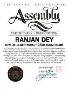 California Legislature Assembly - Certificate of Recognition - Ranjan Dey, New Delhi Restaurant's 25th Anniversary - Fiona Ma - Sunday November 18th 2012