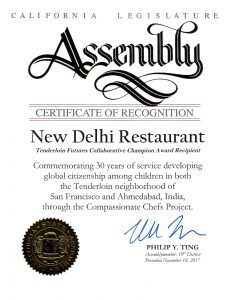 California Legislature Assembly - Certificate of Recognition - New Delhi Restaurant, Tenderlion Futures Collaborative Champion Award - Philip Y. Ting - Saturday November 18th 2017
