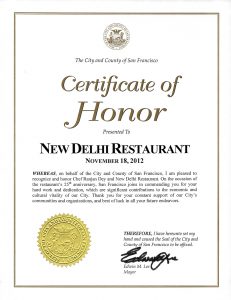 City and County of San Francisco - Certificate of Honor - New Delhi Restaurant, 25th Anniversary - Edwin M. Lee - Sunday November 18th 2012