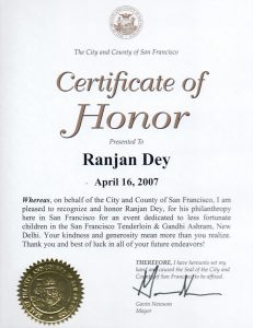 City and County of San Francisco - Certificate of Honor - Ranjan Dey - Gavin Newsom - Monday April 16th 2007