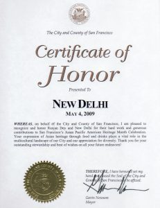 City and County of San Francisco - Certificate of Honor - New Delhi Restaurant - Gavin Newsom - Monday May 4th 2009