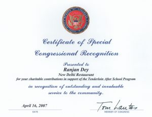 Certificate of Special Congressional Recognition - Ranjan Dey, New Delhi Restaurant - Tom Lantos - Monday April 16th 2007