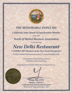 California State Board of Equalization - North of Market Business Association Award - New Delhi Restaurant - Fiona Ma - Tuesday December 8th 2015
