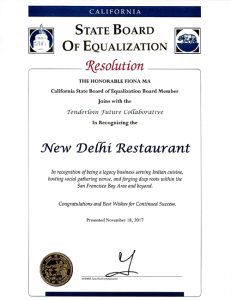 California State Board of Equalization - Resolution - New Delhi Restaurant - Fiona Ma - Saturday November 18th 2017