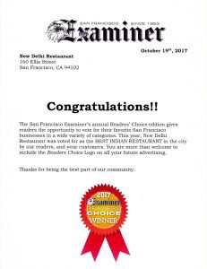 San Francisco Examiner - Readers Choice 2017, Best Indian Restaurant - New Delhi Restaurant - Thursday October 19th 2017