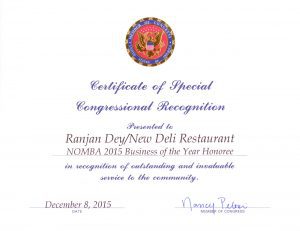 Certificate of Special Congressional Recognition - North of Market Business Association - 2015 Business of the Year - Ranjan Dey, New Delhi Restaurant - Nancy Pelosi - Tuesday December 8th 2015