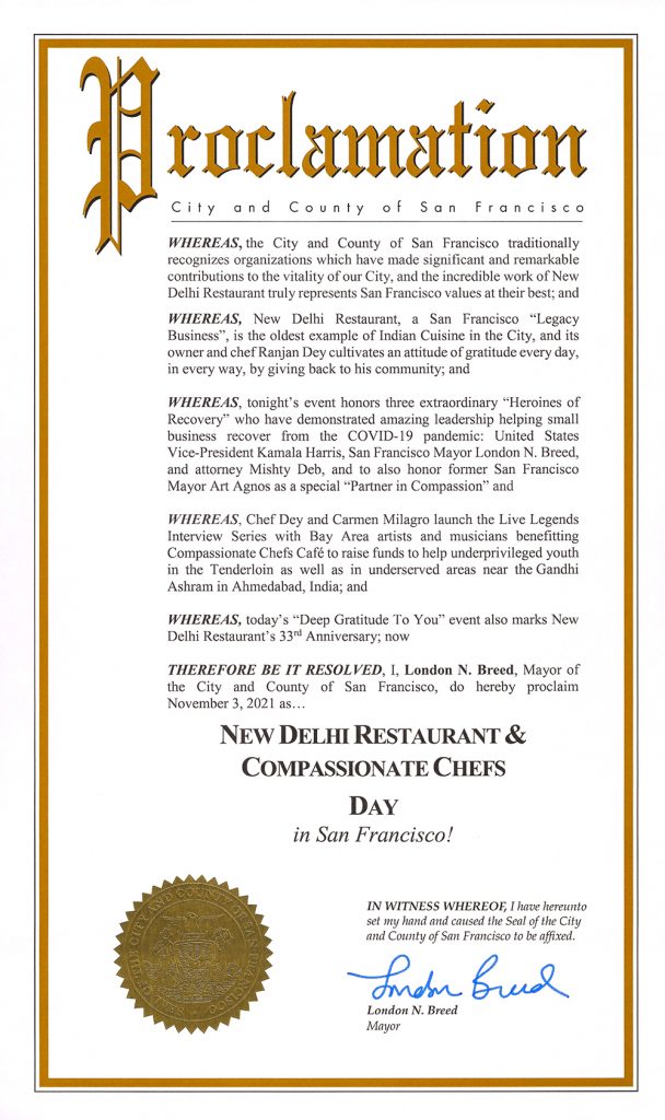 City and County of San Francisco - Proclamation - New Delhi Restaurant and Compassionate Chefs Day - London Breed - Wednesday November 3rd 2021