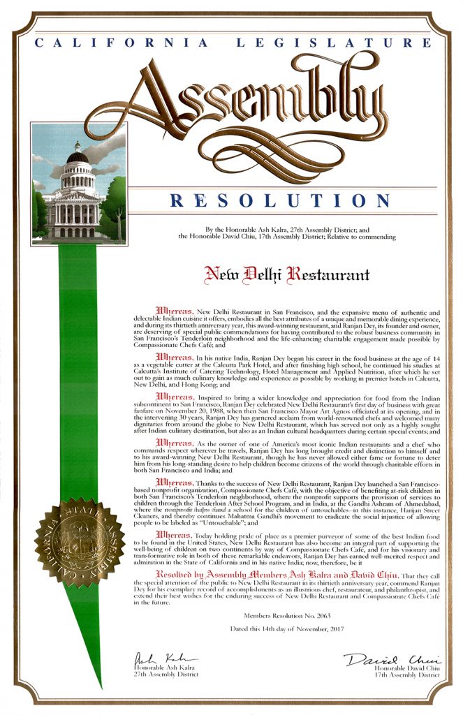 California Legislature Assembly - Resolution - New Delhi Restaurant, 30th Anniversary - Ash Kalra and David Chiu - Tuesday November 14th 2017