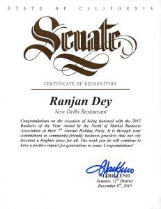 State of California Senate - Certificate of Recognition - Ranjan Dey, New Delhi Restaurant - Mark Leno - Tuesday December 8th 2015