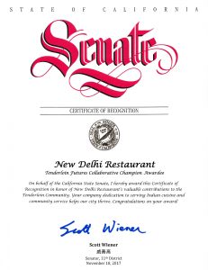 State of California Senate - Certificate of Recognition - New Delhi Restaurant, Tenderlion Futures Collaborative Champion Award - Scott Wiener - Saturday November 18th 2017