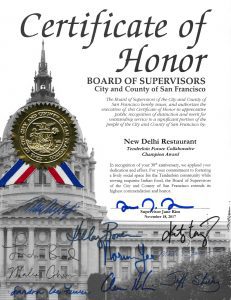 City and County of San Francisco Board of Supervisors - Certificate of Honor - New Delhi Restaurant, Tenderloin Future Collaborative Champion Award - Jane Kim - Saturaday November 18th 2017