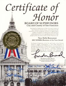City and County of San Francisco Board of Supervisors - Certificate of Honor - New Delhi Restaurant, 2015 North of Market Business Association Business of the Year Award - London Breed - Tuesday December 8th 2015