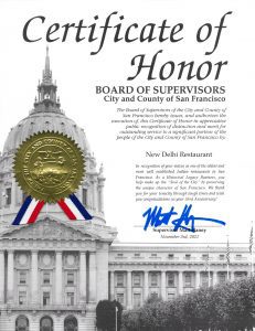 City and County of San Francisco Board of Supervisors - Certificate of Honor - New Delhi Restaurant, 33rd Anniversary - Matt Haney - Wednesday November 3rd 2021